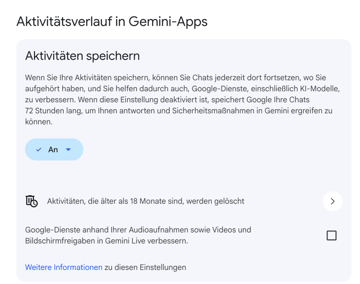Screenshot der Google-Seite Aktivitätsverlauf in Gemini-Apps mit der Einstellung Aktivitäten speichern und automatischem Löschen nach 18 Monaten