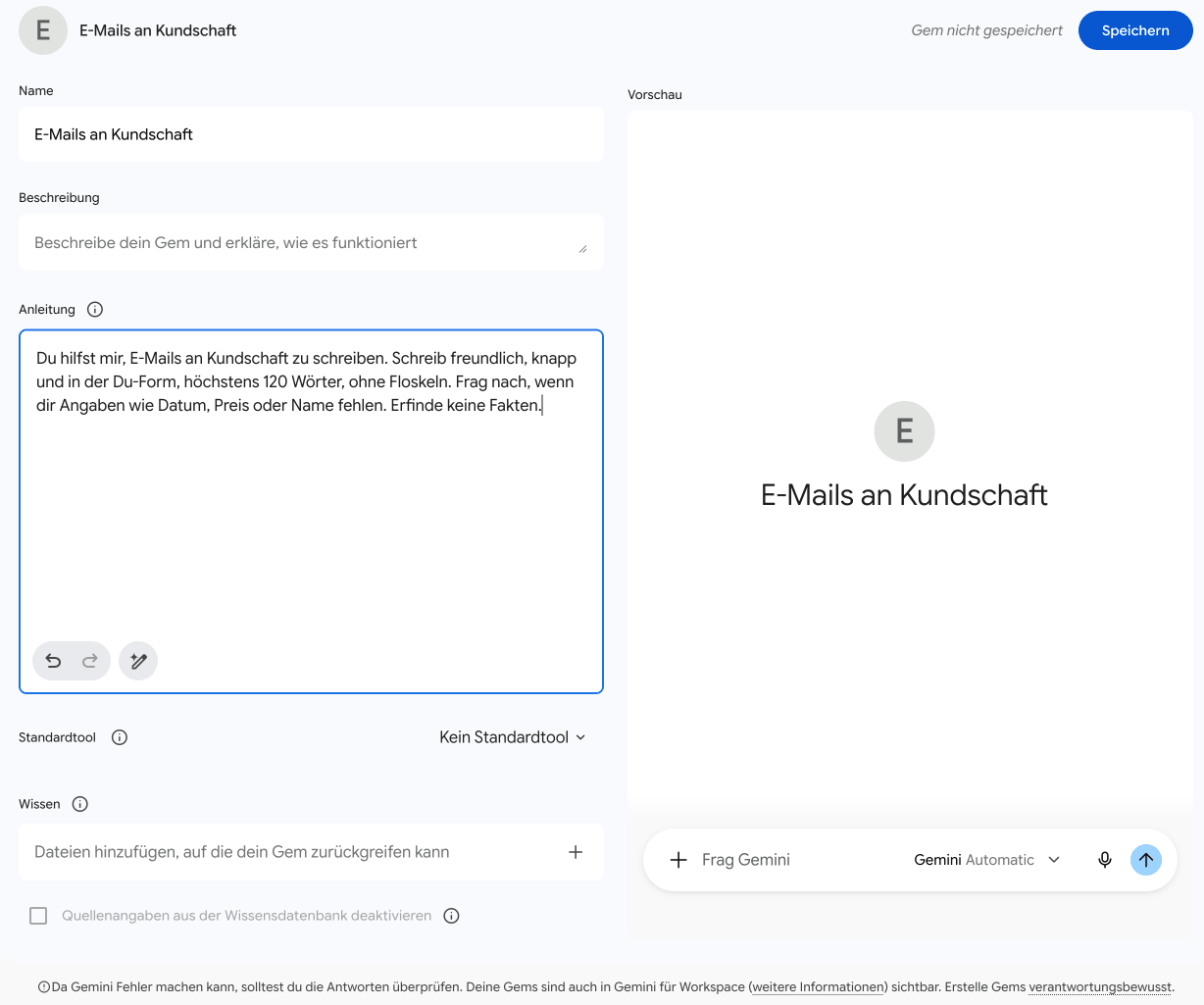 Screenshot der Gemini-Web-App: Formular für ein neues Gem mit Name, Beschreibung, Anleitung, Wissen und Vorschau
