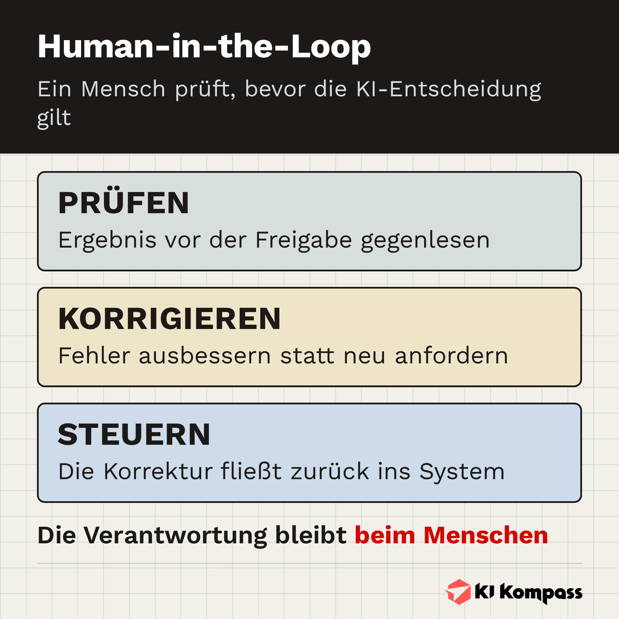 Infografik: Prüfen, korrigieren und steuern als die drei Rollen des Menschen im KI-Prozess.