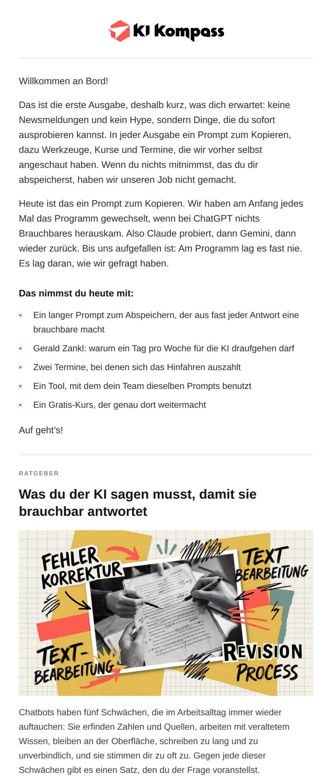 Anfang der ersten Ausgabe des KI Kompass Newsletters: Einleitung, was du mitnimmst, und der Ratgeber