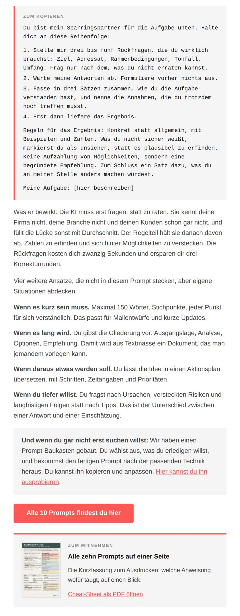 Ausschnitt aus dem KI Kompass Newsletter: der Prompt zum Kopieren und das Cheat-Sheet