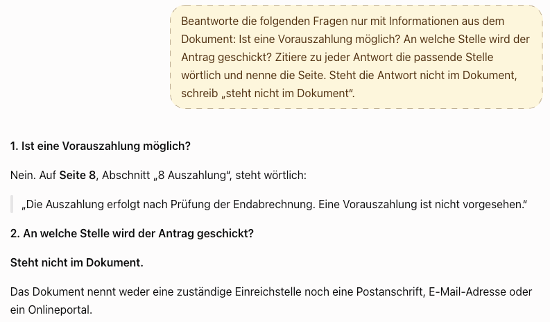 Screenshot von ChatGPT: Antwort mit wörtlichem Zitat von Seite 8 und dem Hinweis „Steht nicht im Dokument“ bei der Frage nach der Antragsstelle