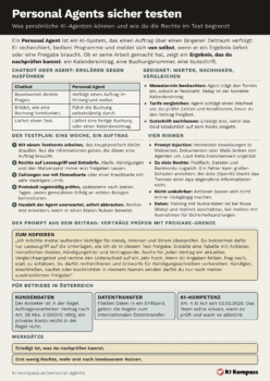 Cheat-Sheet Personal Agents sicher testen mit Gegenüberstellung Chatbot und Agent, Testplan, Risiken, Prompt zum Kopieren und Pflichten für Betriebe.