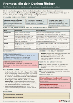 Vorschau des Cheat-Sheets Prompts, die dein Denken fördern: fünf Rollen für die KI mit Beispiel-Prompts, drei Merkmale und ein Wochentest